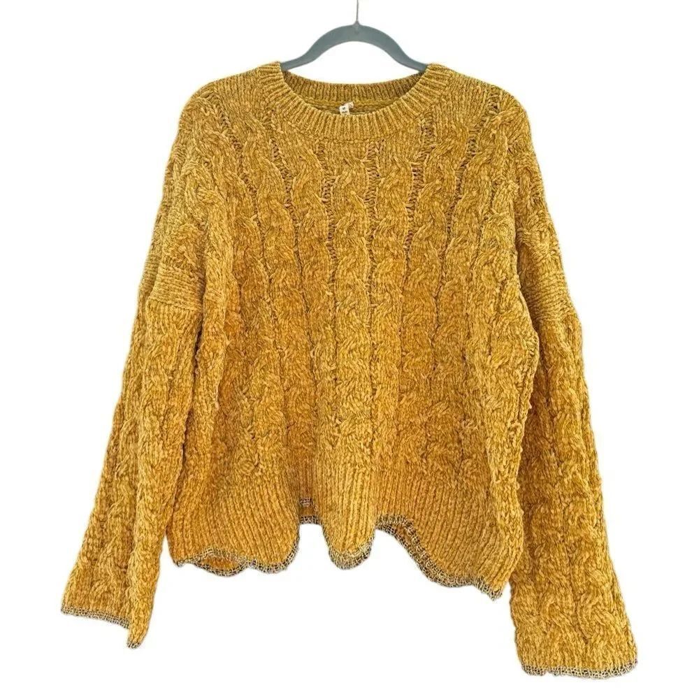 RAGA Women's Cable Knit Yellow with Gold Trim Chunky Sweater Size Medium